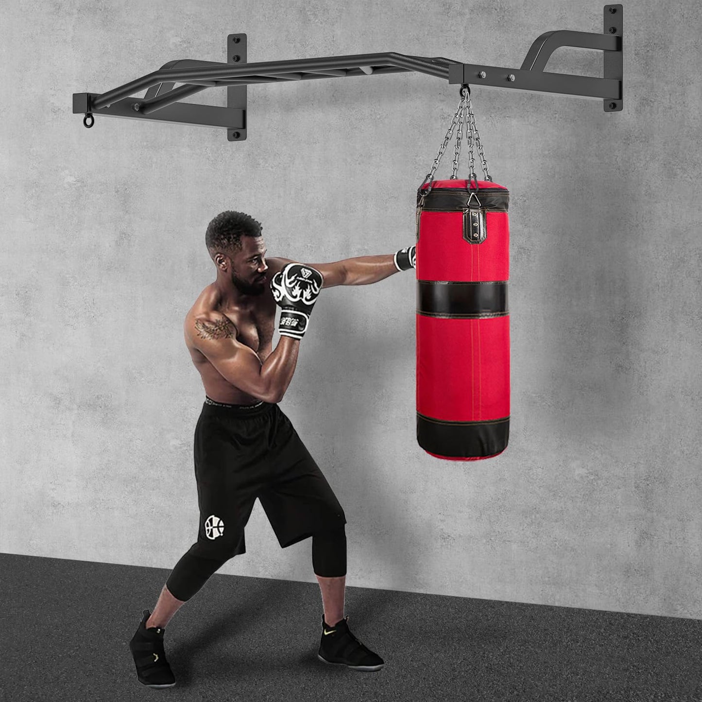 SELEWARE 48'' Wall Mounted High Performance Pull Up Bar, multifunctional pull up bar with cable pulley system for home gym, LAT pulldown training attachments, hanger for heavy bags.