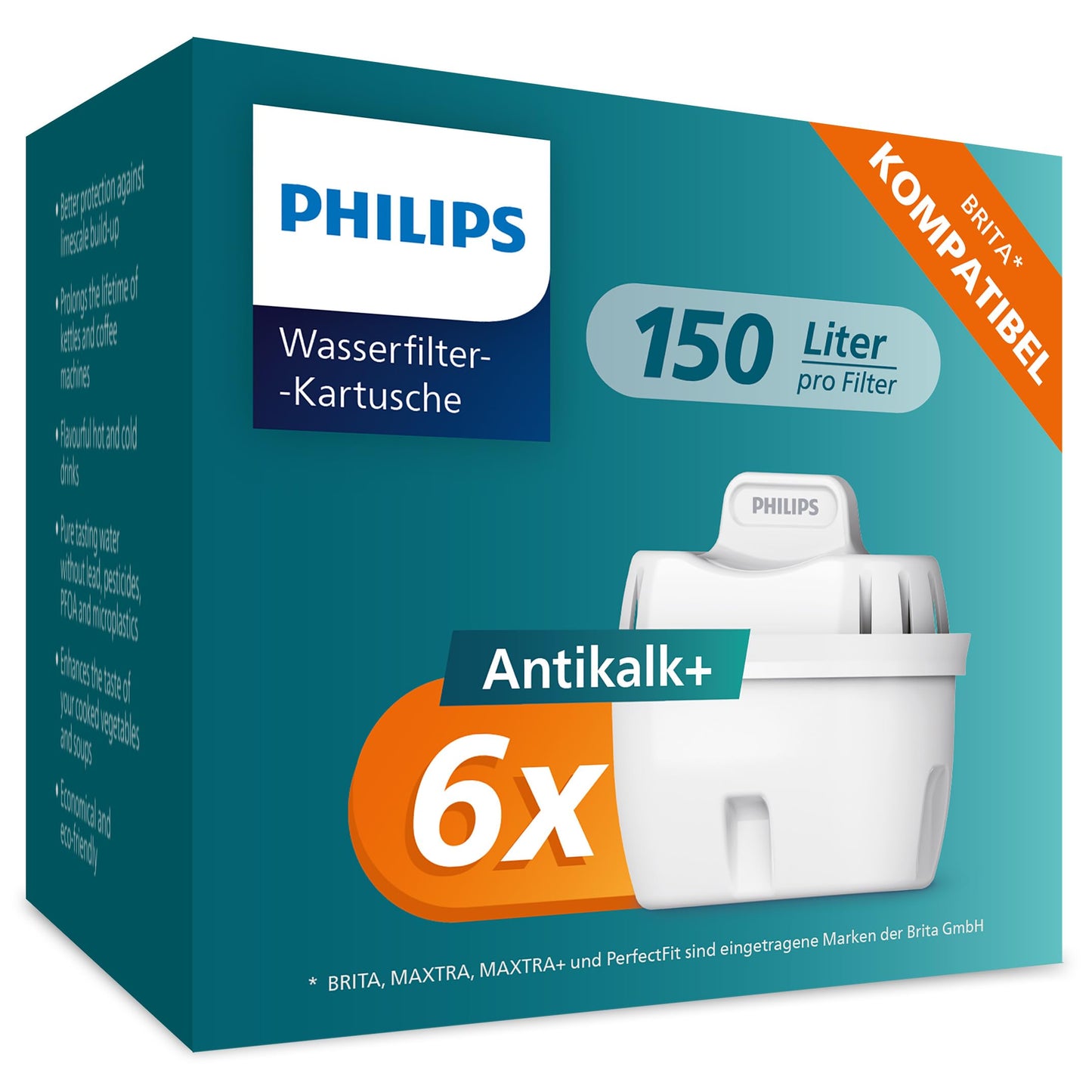 Philips Water Water Filter Cartridge Anti-Calc+, 6-pack, Brita-compatible, UP TO 50% HARDNESS REDUCTION