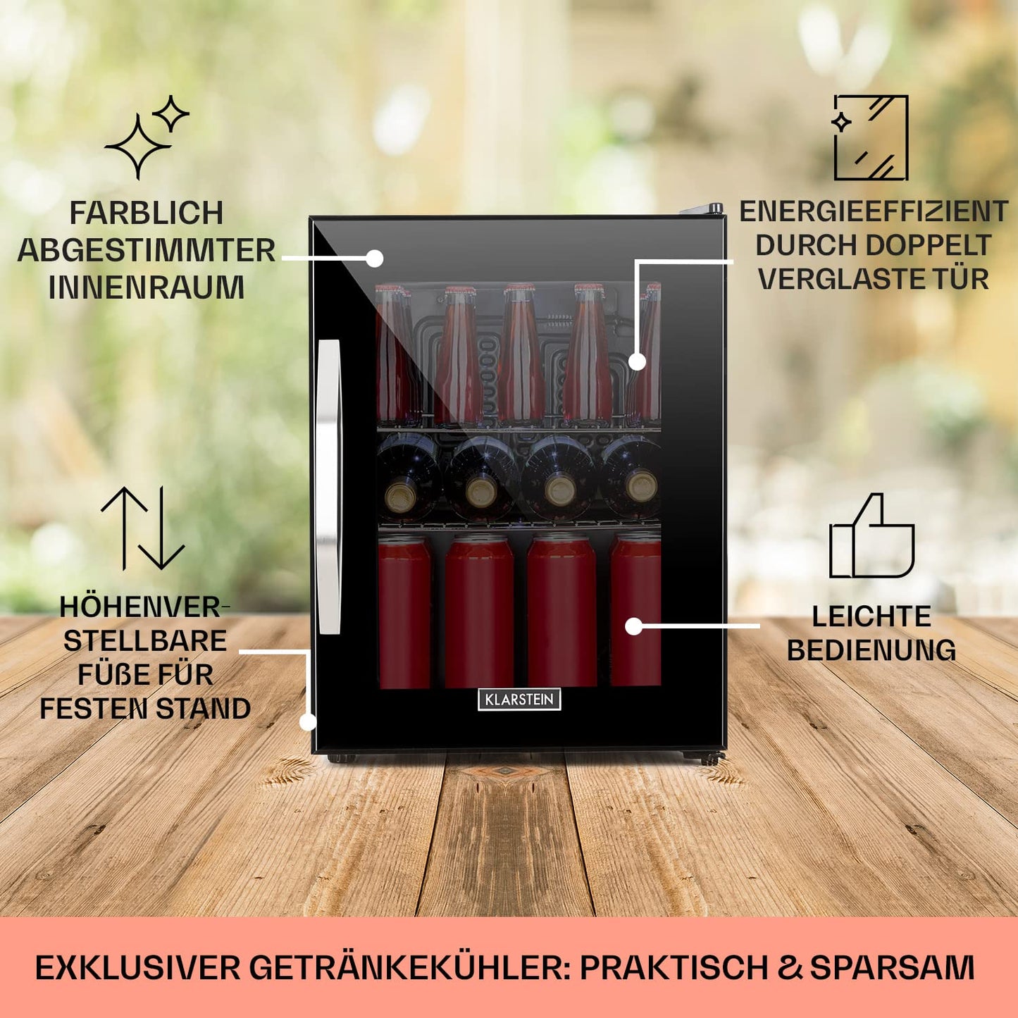 Klarstein beverage refrigerator, small fridge with 2 shelves, silent mini fridge for office camping outdoor, mini fridge with glass door, mini fridge 0-10°C, beer fridge 33L, black
