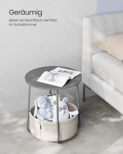 VASAGLE round side table, small table, compact coffee table, fabric basket, storage for living room bedroom, modern nightstand, cement gray-cream white LET223G49
