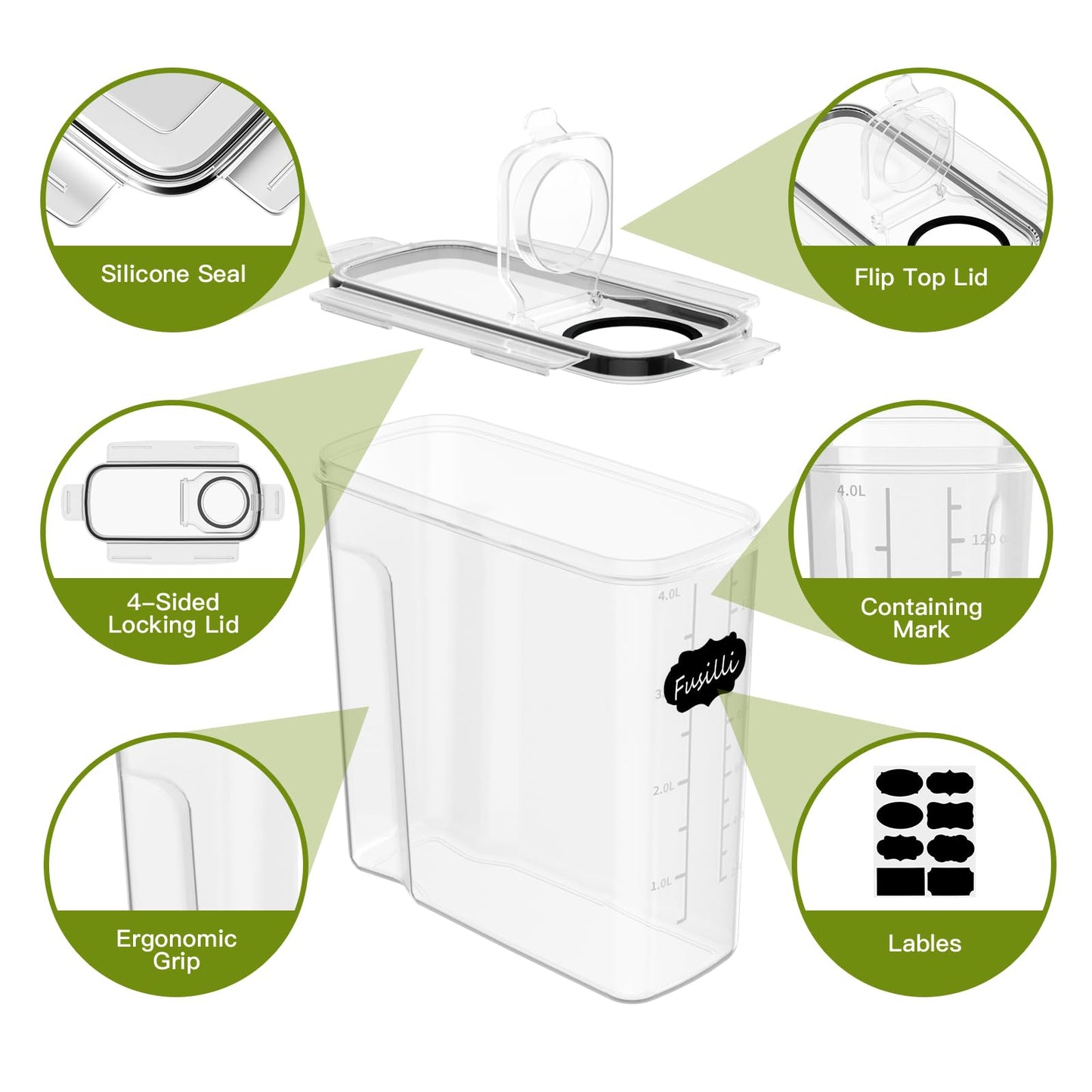 Without 4L Food Storage Containers Airtight 4-Pack, Kitchen Storage Box with Plastic Lid, Food Canisters for Cereal, Flour, Granola