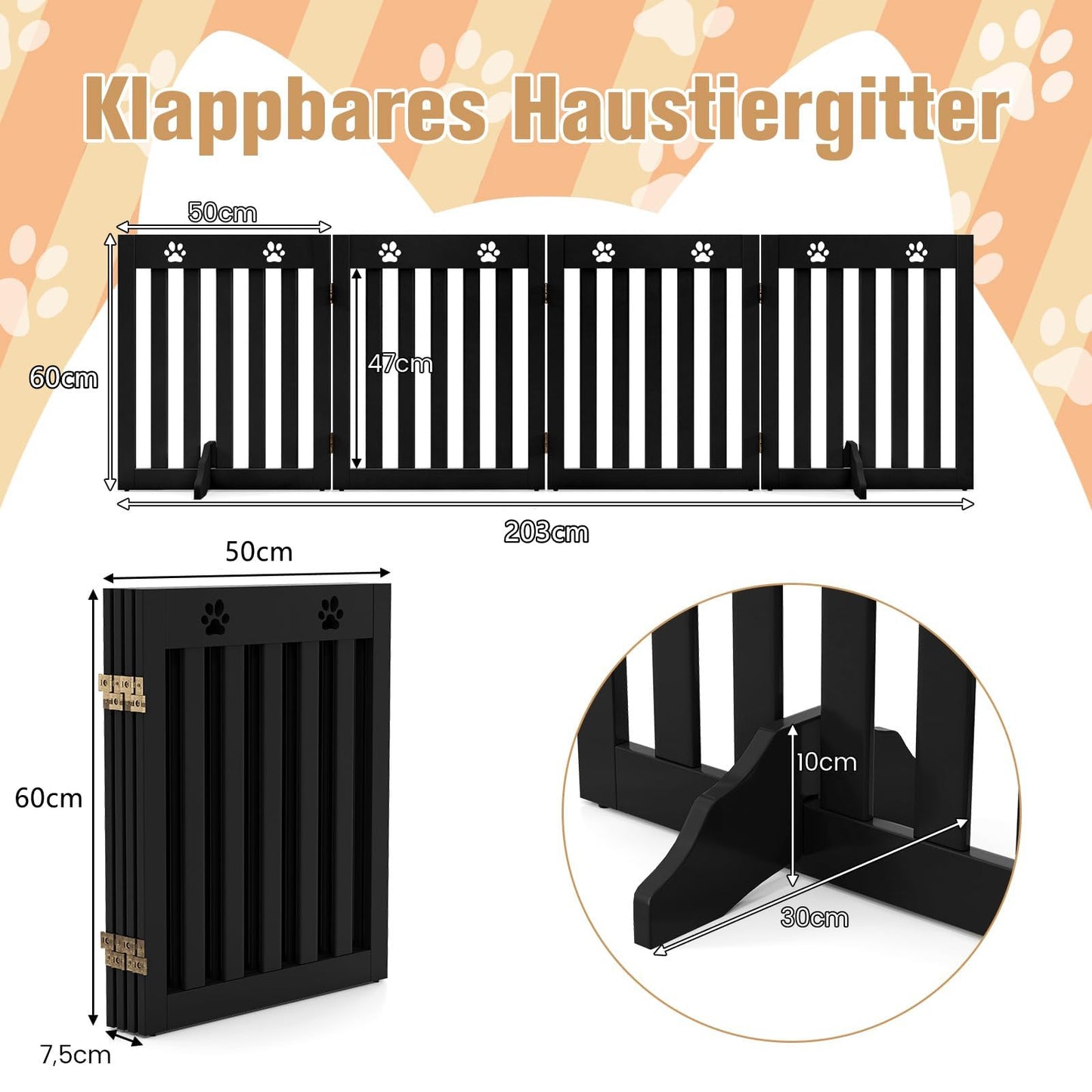 COSTWAY Dog Gate, Wooden Safety Gate, Foldable Baby Gate, 60cm High Stair Gate, Flexible Pet Gate Door Guard (4 Panels, Brown)