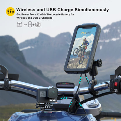 iMESTOU waterproof motorcycle phone holder IP67 with wireless Qi/USB C 3.0 charger Anti-theft handlebar mount phone holders Double socket arm aluminum base for 3.5-6.1 inch smartphones