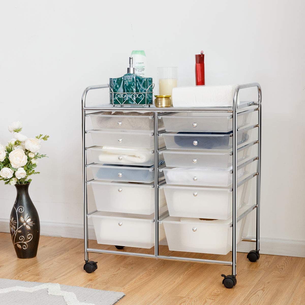 COSTWAY rolling cart with 12 stackable drawers, drawer cart with metal frame and shelf, bathroom cart storage cart for office, living room (Transparent)