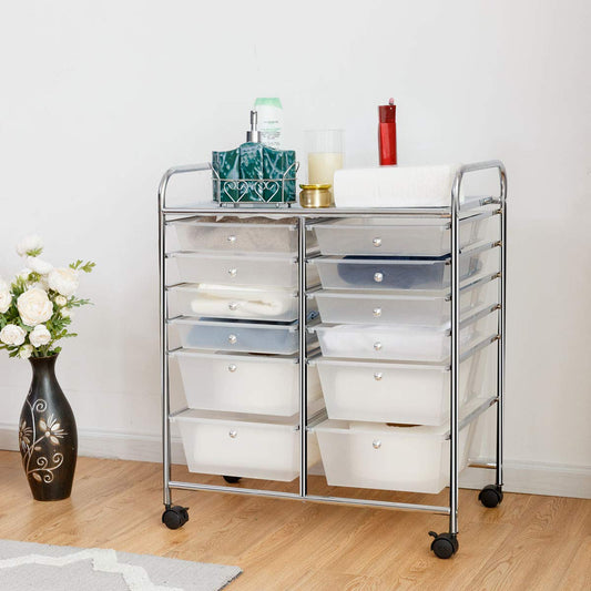 COSTWAY rolling cart with 12 stackable drawers, drawer cart with metal frame and shelf, bathroom cart storage cart for office, living room (Transparent)