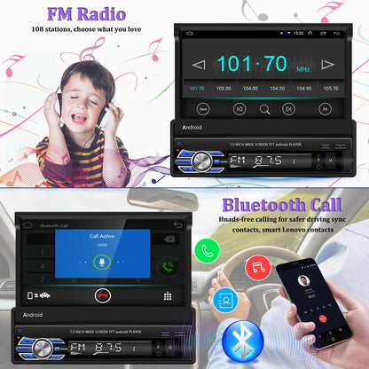 CAMECHO DAB+ Android car stereo 1 Din with navigation, 7 inch retractable screen with Bluetooth hands-free calling Mirror-Link AUX-in FM USB+backup camera & microphone