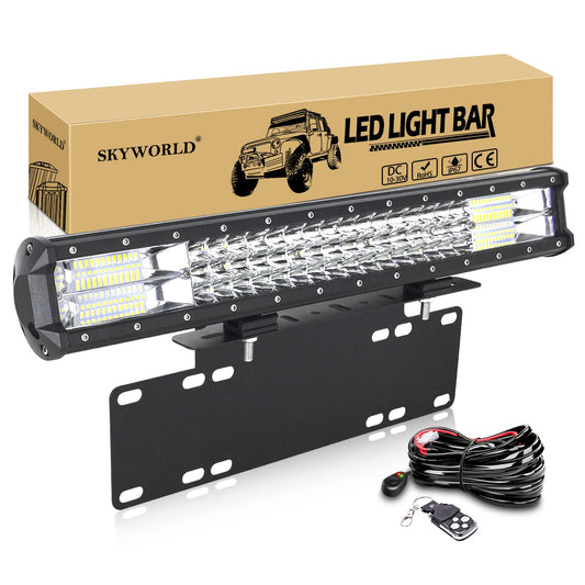 SKYWORLD 50.8cm work light 288W LED light bar, auxiliary headlight off-road spotlight, license plate holder with 12V flash wiring harness kit for car SUV truck car 4x4
