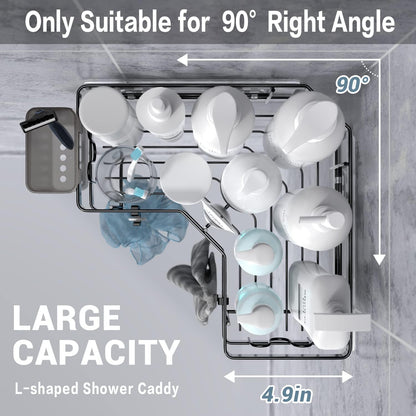 FINIBO Shower Shelf Without Drilling, 2 Pieces Self-Adhesive Corner Shelf Bathroom Organizer, Stainless Steel Shower Caddy with 4 Hooks and 2 Toothpaste Holders, Black Shower Rack Basket for Bathroom Kitchen