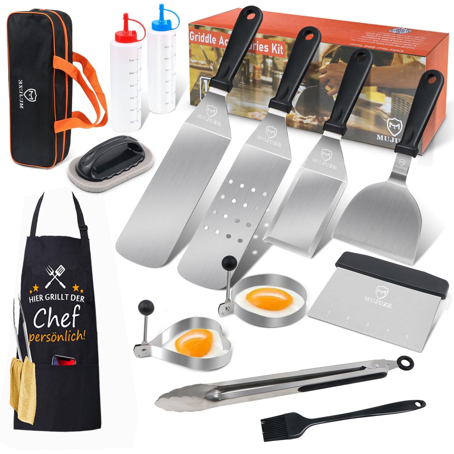 MUJUZE stainless steel grill spatula set, gift for men dad plancha spatula grill accessories in case, professional pancake turner grill spatula accessory for teppanyaki and camping.