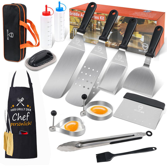 MUJUZE stainless steel grill spatula set, gift for men dad plancha spatula grill accessories in case, professional pancake turner grill spatula accessory for teppanyaki and camping.