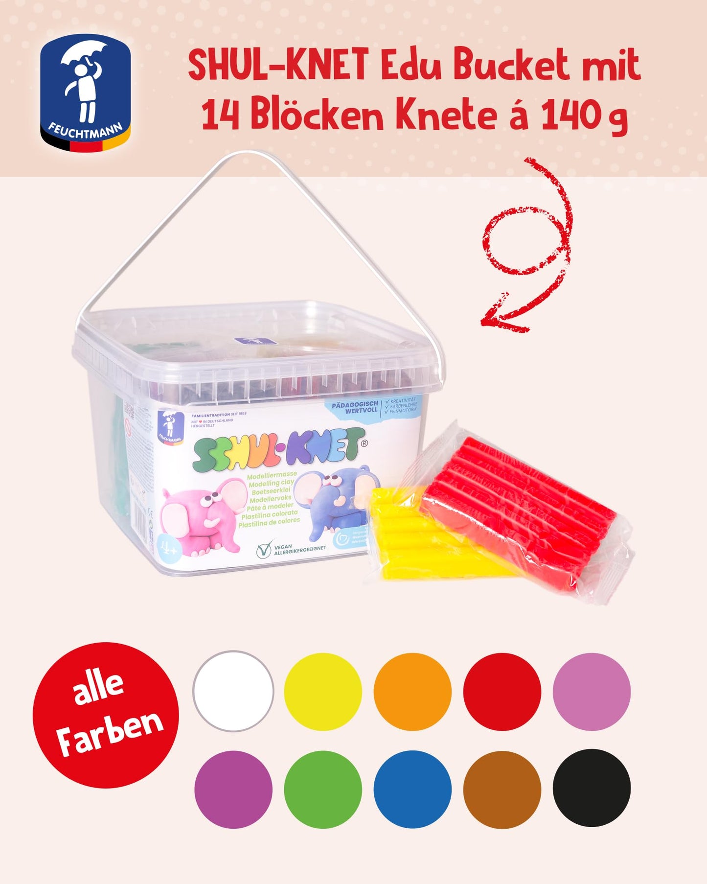 Feuchtmann SCHOOL-DOUGH | EDU Bucket set with 14 x 140g sticks of kids dough | vegan gluten-free playdough | non-drying clay | non-toxic modeling material