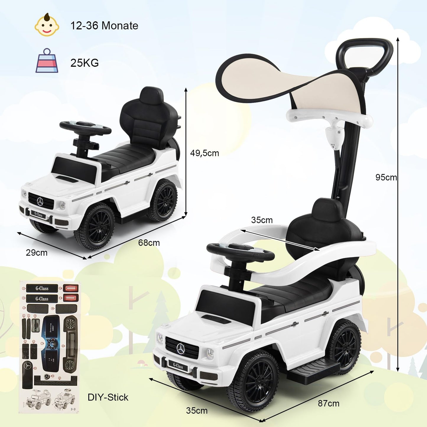 COSTWAY Mercedes Benz Ride-on car, 3 in 1 push car with sun canopy & storage space & removable safety bar & pushing handle, ride-on vehicle with motor sound & horn, for children aged 1 year and up (White)