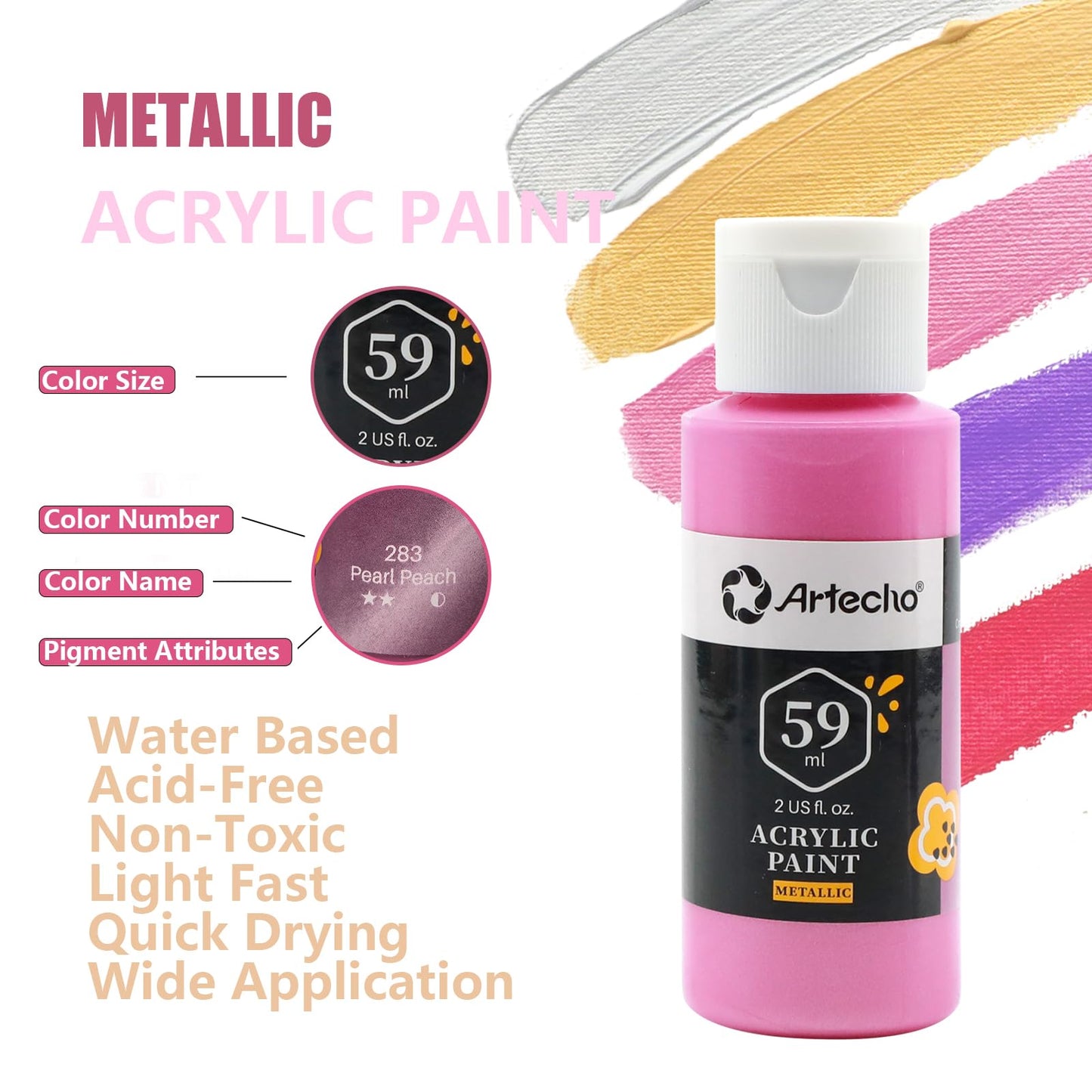 Artecho Metallic Acrylic Paint Set 12x59ml, Non-toxic metallic colors, waterproof and lightfast, fast drying, perfect for canvas, paper, and fabrics.