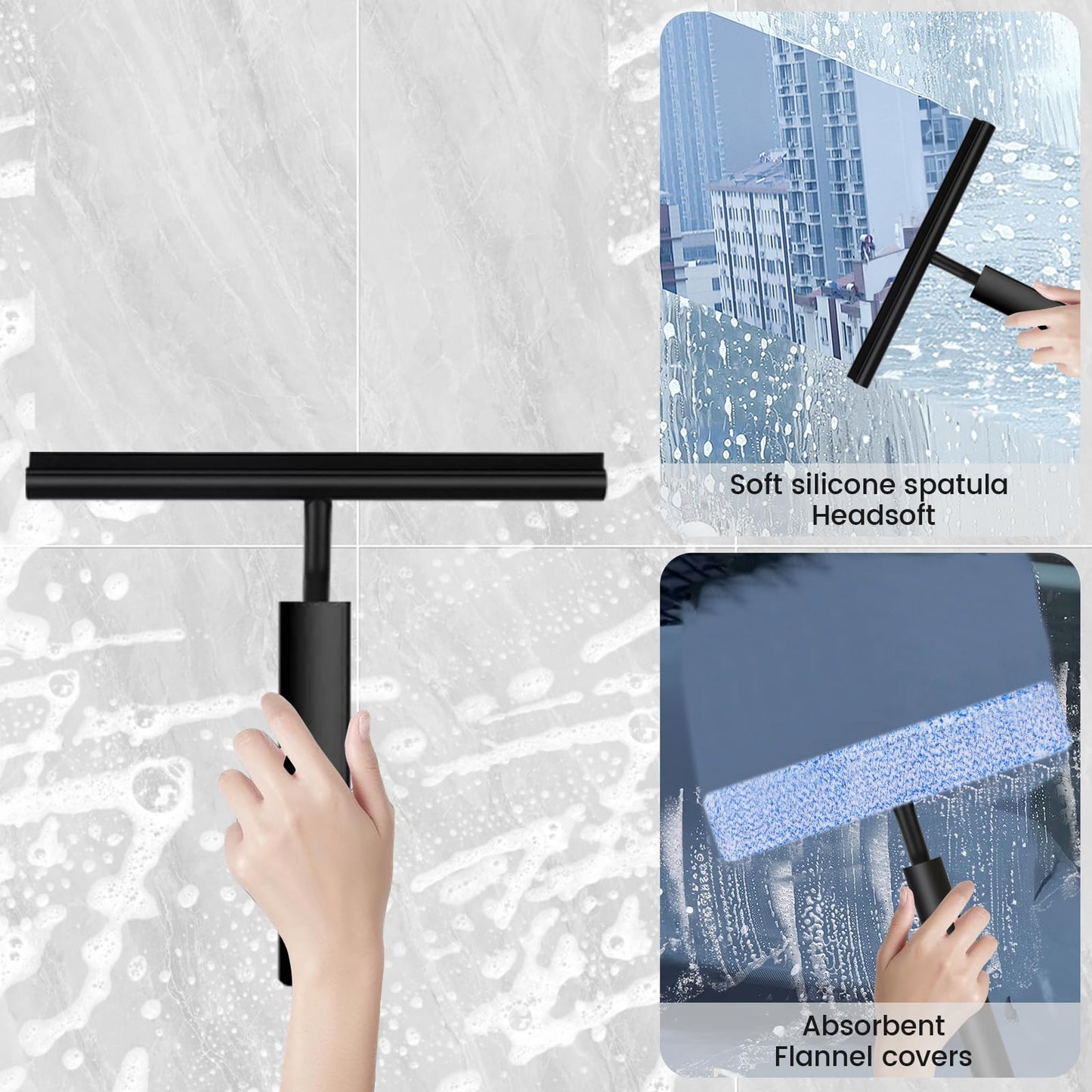 FIVAVA Shower Squeegee Extendable Black, Squeegee with Telescopic Pole, Silicone Shower Squeegee, Black Squeegee for Windows, Floors, and Shower Cabins.