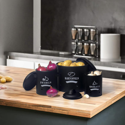 Theo&Cleo Potato Storage Set, Potato Pot in Retro Design Onion Pot, Large metal storage container, Kitchen storage, Can store potatoes for a long time (Black Set)