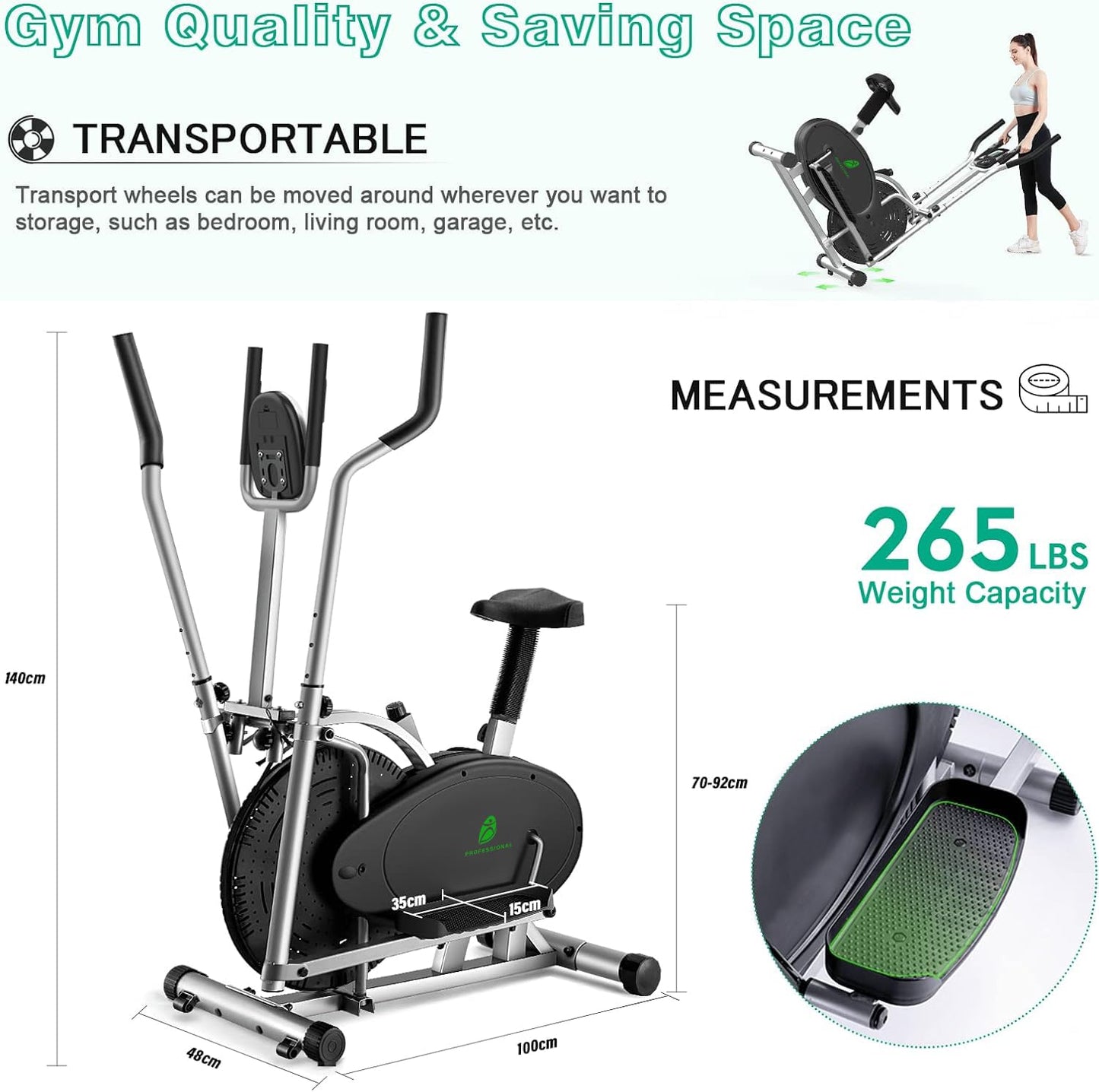 Home Cross Trainer Neezee Crosstrainer Pro 2-in-1 Elliptical Trainer with magnetic resistance, seat, smart LCD display, easy storage, transport wheels up to 120 kg (Silver)