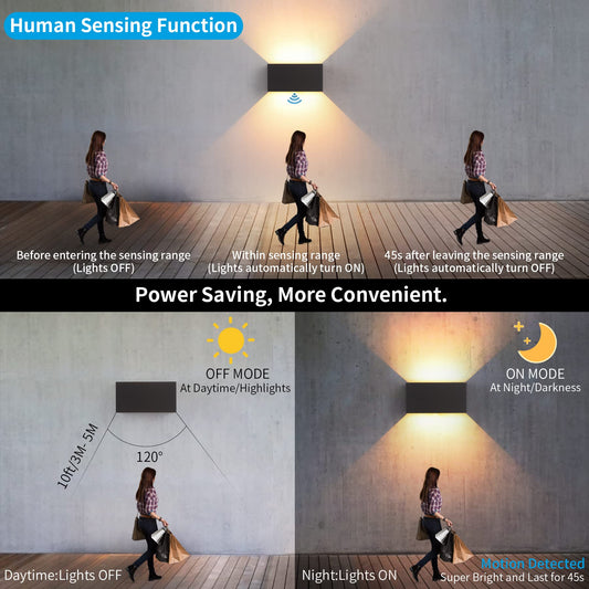 LED wall light for indoor/outdoor use with motion sensor, 24W wall lamp, IP65 waterproof outdoor wall light 3000K warm white wall lighting, outdoor light with adjustable up-down beam angle, black 2 pieces.