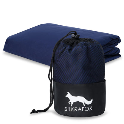 Silkrafox Cotton XL extra large cotton sleeping bag with zipper and pillow pocket. Lightweight summer sleeping bag liner for travel, small and thin with blue color and pocket.