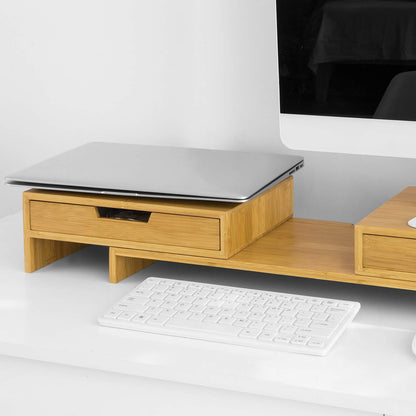 SoBuy BBF04-N Design Monitor Stand for 2 Monitors, Screen Stand Notebook Stand Desk Attachment with 2 Drawers, Width Adjustable Bamboo, Dimensions: 60-108x11x22cm