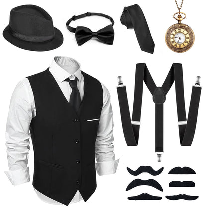 Alintor 1920s Costume Men, Carnival Costumes Men, Mafia Carnival Costume Men, 1920s Accessories Panama Hat Vest Tie Bow Tie Suspenders Costume Set (L)