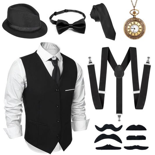 Alintor 1920s Costume Men, Carnival Costumes Men, Mafia Carnival Costume Men, 1920s Accessories Panama Hat Vest Tie Bow Tie Suspenders Costume Set (L)