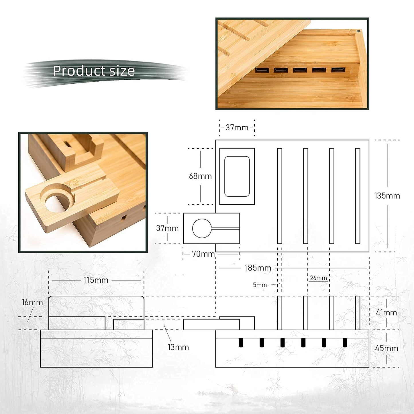 YOJA Bamboo Multi-Device Charging Station, YOJA 5-Port USB Multi-Charging Station, Wood for Phone, Tablet, Watch, Headphones, Earphones, USB Charger with 5 Short Cables, Bamboo Design.