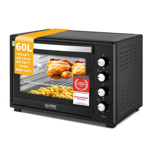 TZS First Austria - Mini Oven 60L 2000W - Mini Oven Pizza Oven Temperature control up to 230°C & 6 modes - Spacious mini oven with 60 Min. Timer, 4 rack heights, baking tray, grill rack & rotisserie