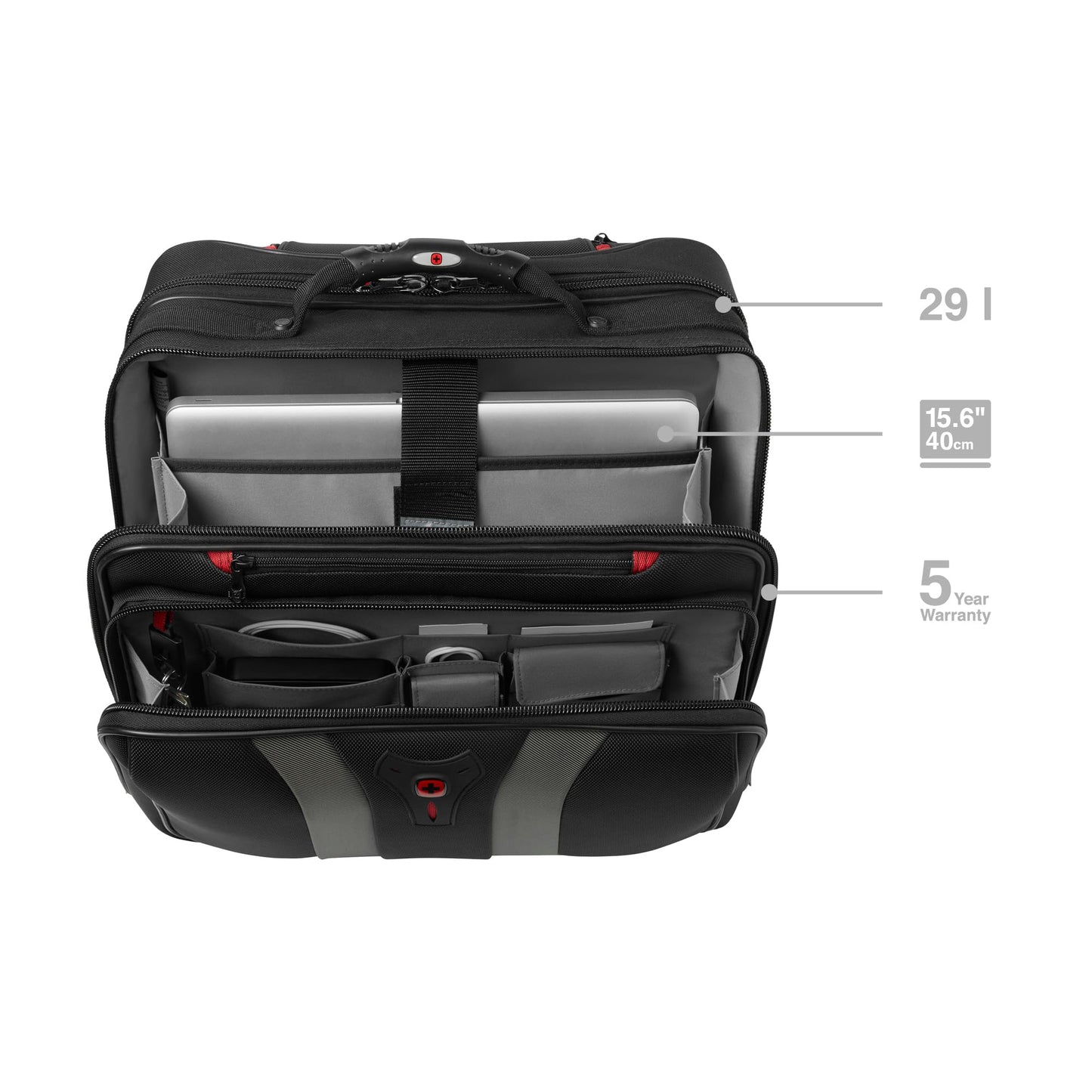WENGER Granada Rolling Laptop Case, fits up to 15.6 inch notebook, 29L, for men and women, office, business, school, black, 600659.