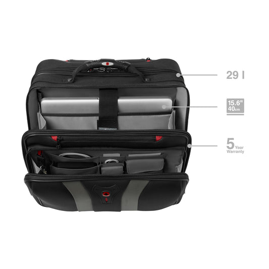 WENGER Granada Rolling Laptop Case, fits up to 15.6 inch notebook, 29L, for men and women, office, business, school, black, 600659.