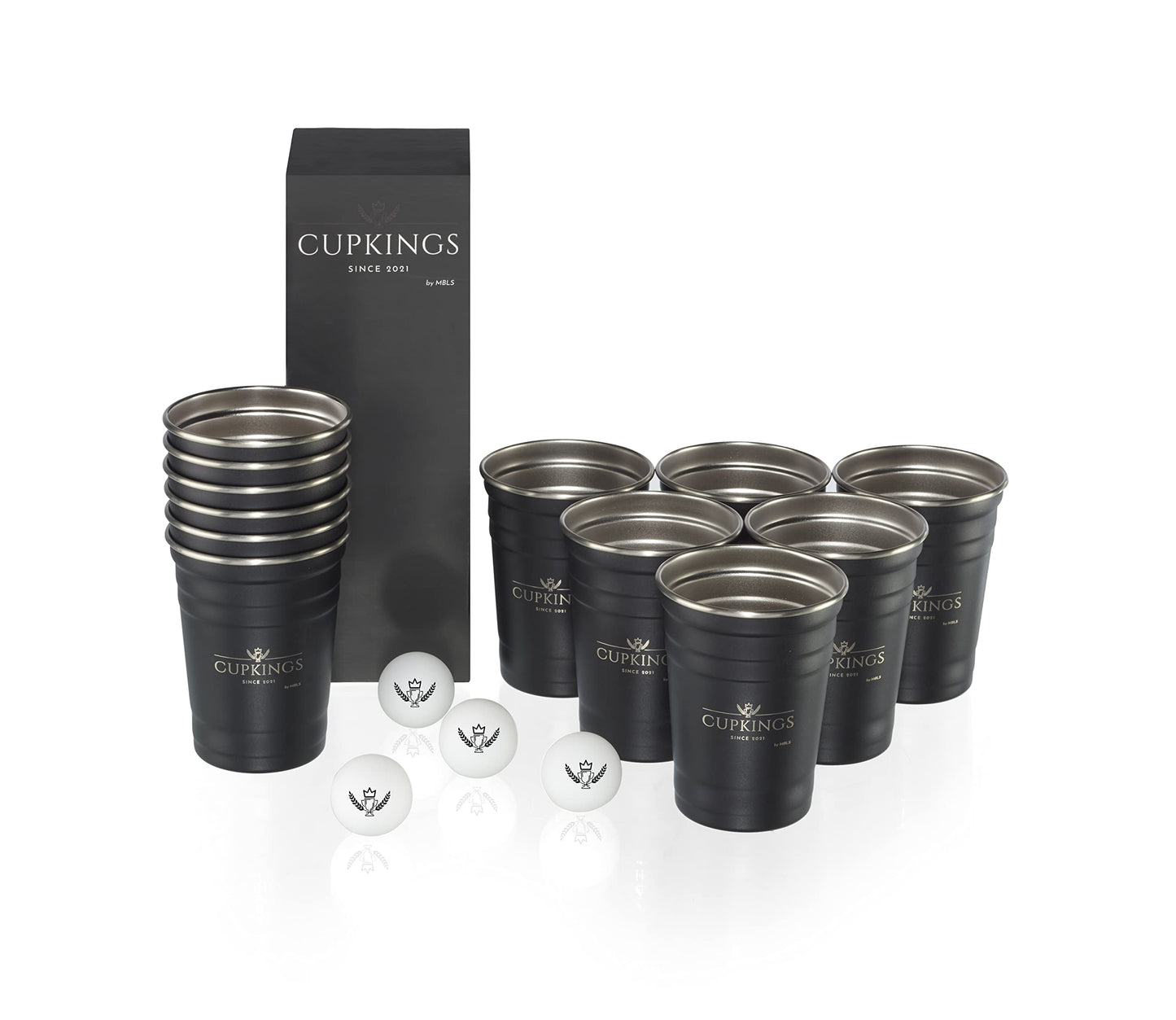 CUPKINGS ® Beer Pong Cup Set 16 oz / 473 ml – 12 reusable stainless steel Beer Pong cups + 4 Beer Pong balls - Dishwasher safe, sturdy, reusable, sustainable - Red Cups- Black