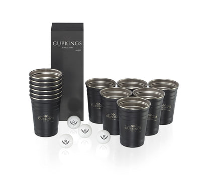 CUPKINGS ® Beer Pong Cup Set 16 oz / 473 ml – 12 reusable stainless steel Beer Pong cups + 4 Beer Pong balls - Dishwasher safe, sturdy, reusable, sustainable - Red Cups- Black
