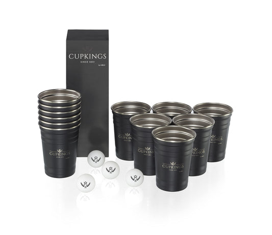 CUPKINGS ® Beer Pong Cup Set 16 oz / 473 ml – 12 reusable stainless steel Beer Pong cups + 4 Beer Pong balls - Dishwasher safe, sturdy, reusable, sustainable - Red Cups- Black