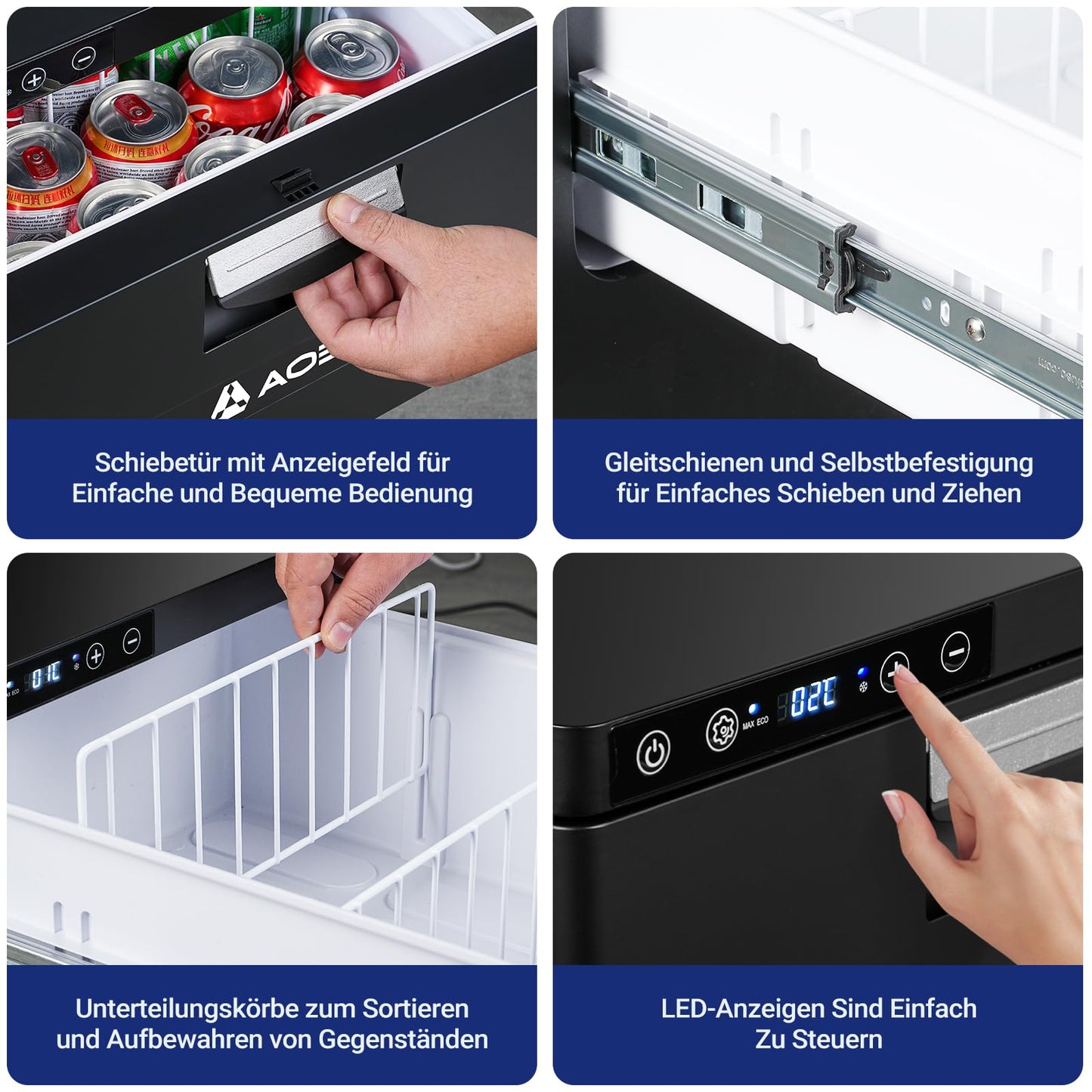 AAOBOSI 31L drawer compressor cooler, RV fridge with APP control, 12/24V, compressor refrigerator, up to -20℃ cooling drawer for car, truck, boat, RV, camping, and outlet.
