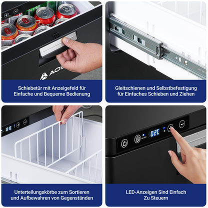AAOBOSI 31L drawer compressor cooler, RV fridge with APP control, 12/24V, compressor refrigerator, up to -20℃ cooling drawer for car, truck, boat, RV, camping, and outlet.