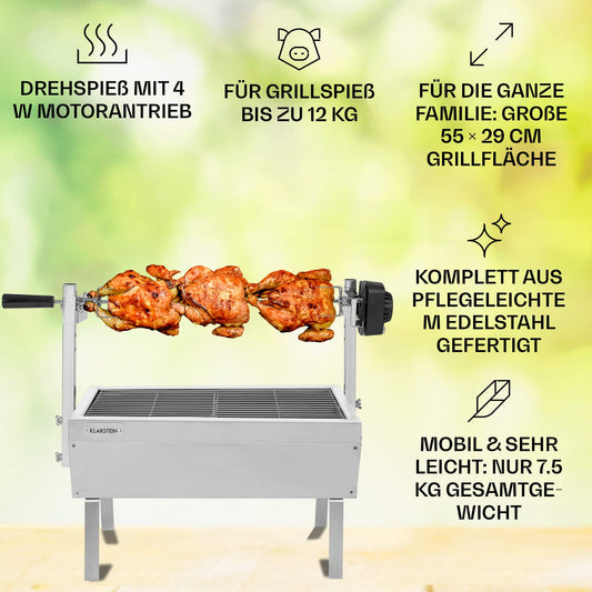 Klarstein 2-in-1 Rotisserie Grill with motor, mini, with rotating spit, electric spit grill for chicken & suckling pig, spit grill with stainless steel grate, charcoal grill with wheels.