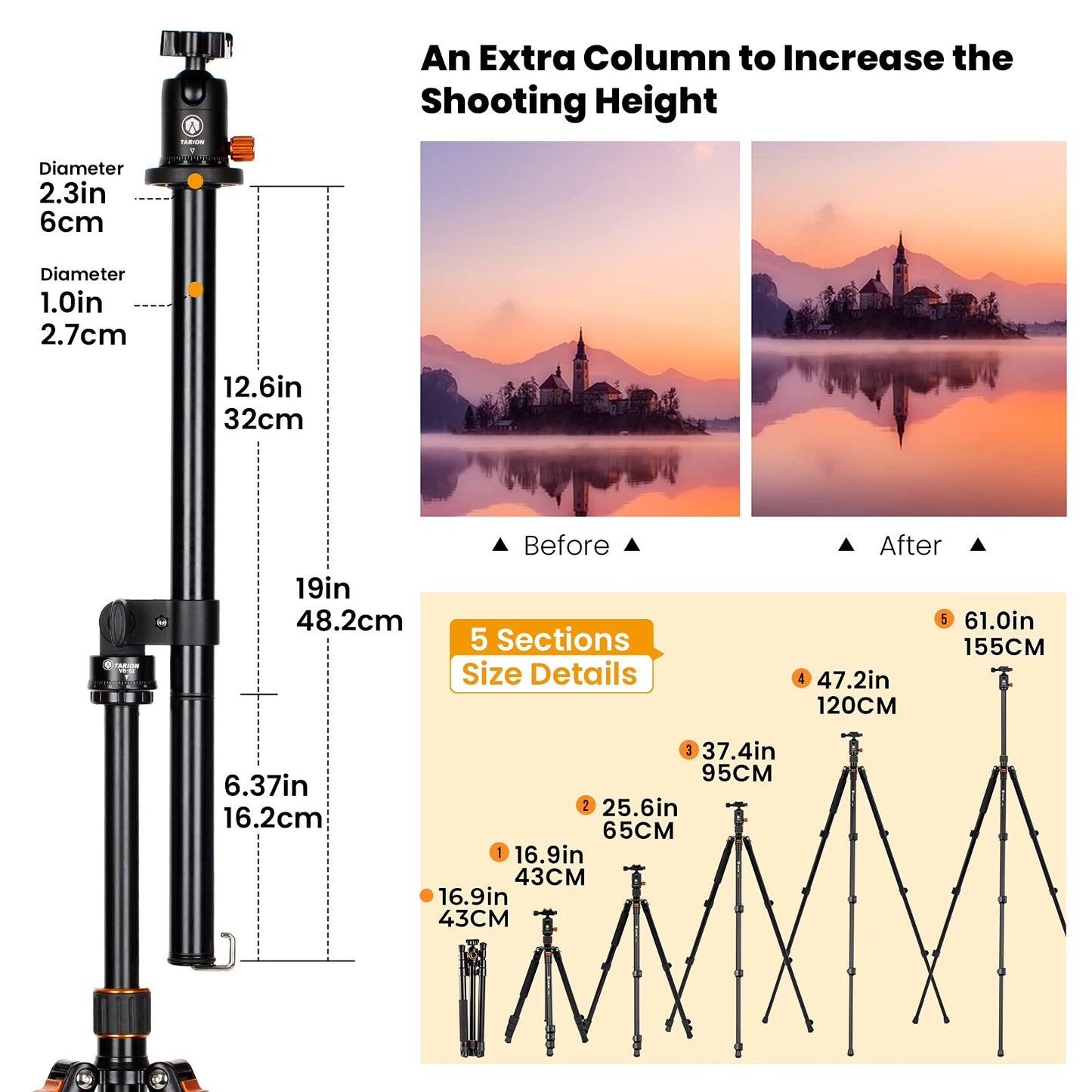 TARION Camera Tripod with Transverse Center Column, Aluminum Travel Tripod with 360° Ball Head, Quick Release Plate, and Tripod Bag, Convertible to Monopod (Tripod+Boom Arm)