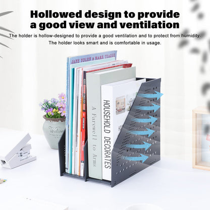 FRETONBA Foldable Standing File Holder, 2 Pieces, for A4, File Magazine Holder with 2 Compartments, Desk Organizer for Office Organization and Storage, School Office Desk Organizer, Dark Grey