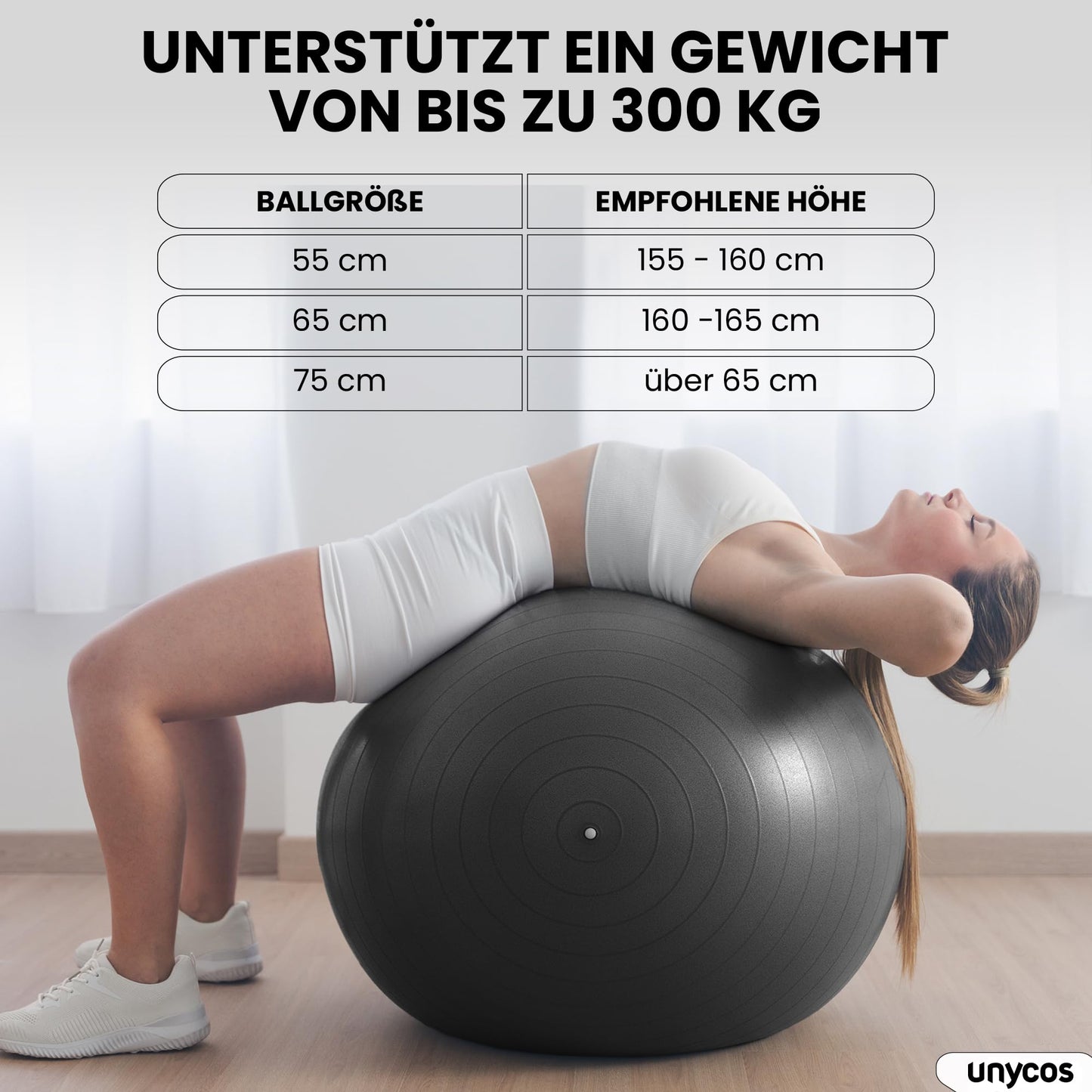 unycos - Exercise ball 65 cm stability ball training ball for yoga, fitness, medicine ball, balance ball, core training strength, Pilates ball | Incl. pump, BPA-free, anti-burst (grey with logo)