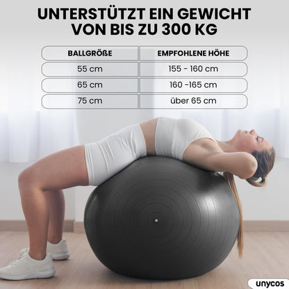 unycos - Exercise ball 65 cm stability ball training ball for yoga, fitness, medicine ball, balance ball, core training strength, Pilates ball | Incl. pump, BPA-free, anti-burst (grey with logo)