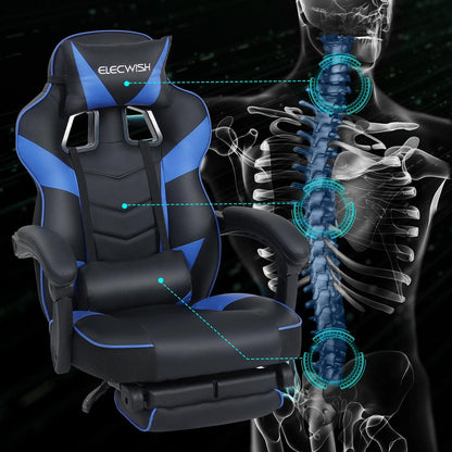 Puluomis Gaming Chair with Footrest, Racing Style, PC Chair, Swivel High-Back, Adjustable 90-150° Recline, Detachable Headrest, Lumbar Pillow, Ergonomic Design, Blue.