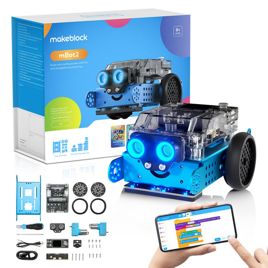 Makeblock mBot 2 programmable robot for kids, AI robot toy with WiFi remote control, compatible with Scratch and Python, intelligent STEM kit gift for kids aged 8 and up.