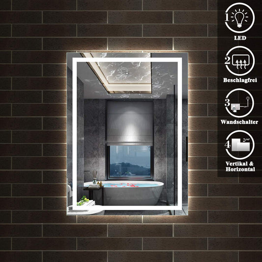 Aica Sanitary Wall Mirror 60x80cm with Wall Switch Anti-fog Bathroom Mirror with Lighting Lighted Mirror IP44 Cool-white Energy-efficient