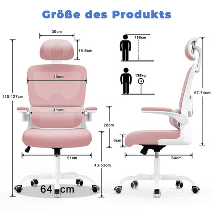 Naspaluro office chair, Ergonomic desk chair with adjustable headrest, armrests, dynamic lumbar support, swivel chair with breathable mesh cover for the home office, Pink.