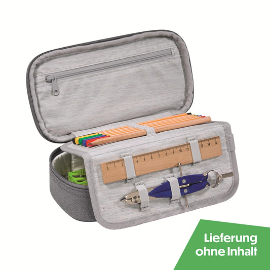 coocazoo pencil case "Mixed Silver Dust", grey, large main compartment, loops for compass, protractor, and ruler, timetable compartment, pen holder, zipper compartment, suitable from 3rd grade onwards.