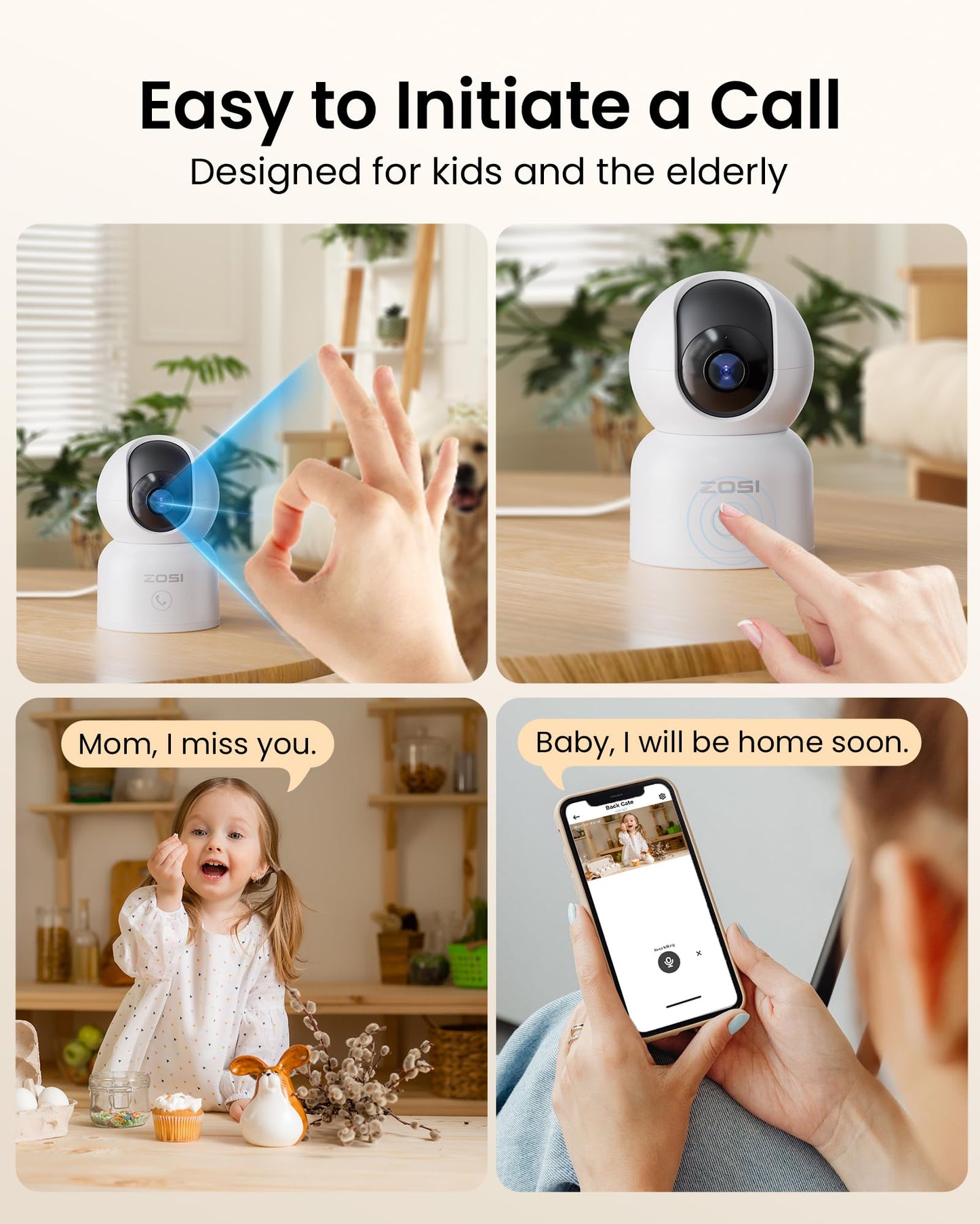 ZOSI 2K WiFi Indoor Surveillance Camera, 360° Rotatable Camera for Baby, 2.4/5GHz WiFi, AI Person Detection, Auto-Tracking, One-Touch Call, C518.