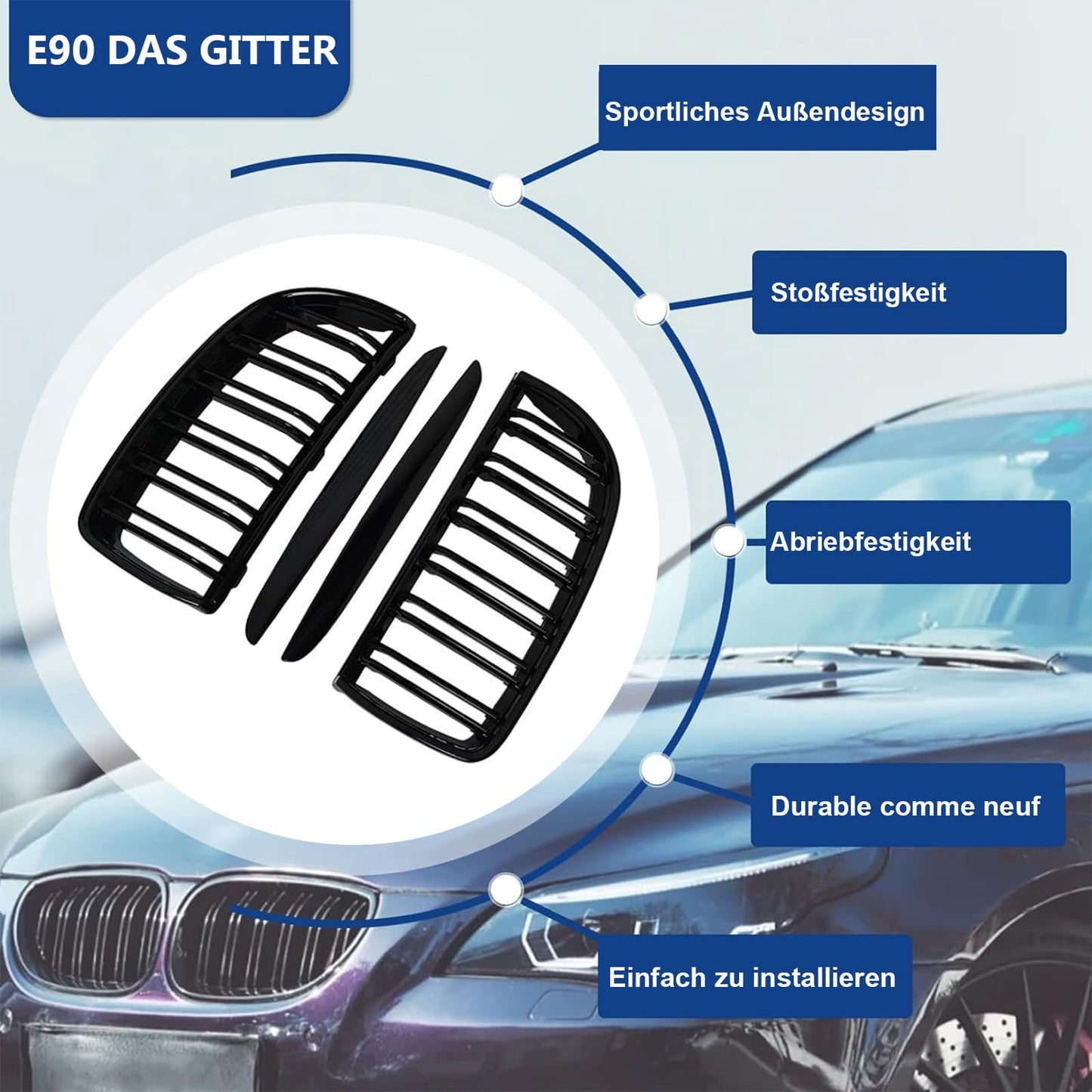 Gangying E90 kidney grills in black for BMW 3 series E90 E91 2005-2008. Gloss black, double slat, sport style grills for E90 sedan and E91 touring.
