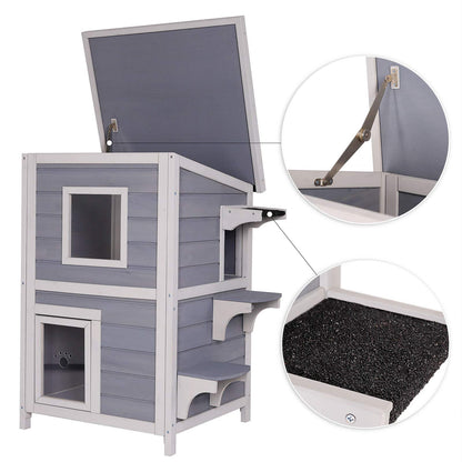 lionto outdoor cat house for playing and resting, wooden house for cats with weatherproof bitumen roof, 56x52x82 cm, window and 3 entrances, sturdy cat hut with assembly instructions, grey/white