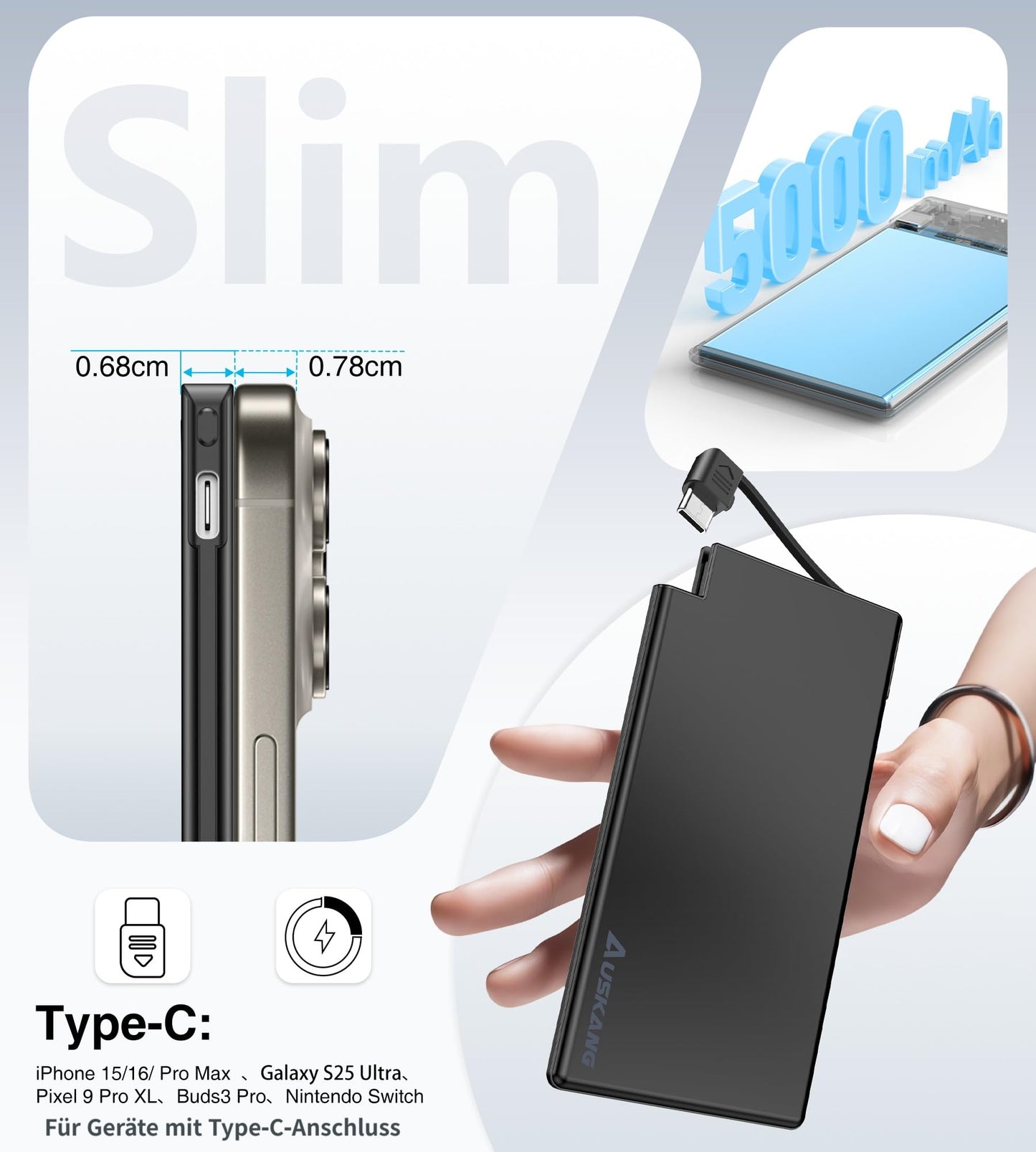 Auskang Powerbank USB C with Cable 0.68cm Ultra Slim Portable Charger Ultra-thin and lightweight External Battery, Compatible with iPhone, Samsung, Xiaomi, etc.- Black