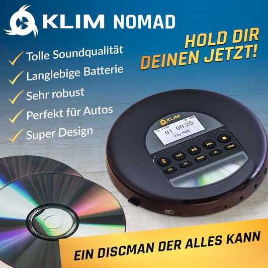 KLIM Nomad CD Player Bluetooth - Portable CD player Discman with long-lasting battery - Includes headphones - CD-R, CD-RW, MP3 - With TF reader, FM radio - Ideal for cars - Portable CD player Discman