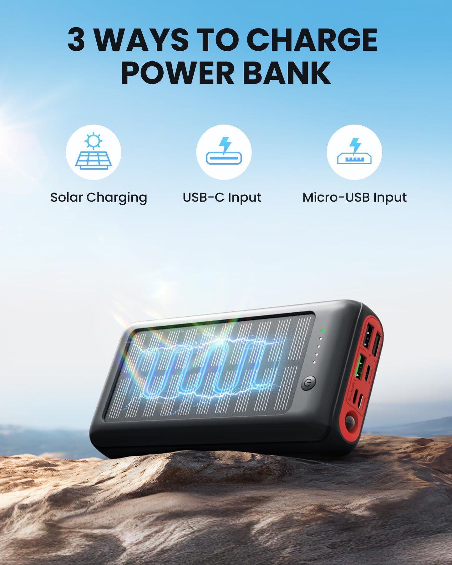 Solar Power Bank 27000mAh 22.5W PD20W fast charging, USB C portable charger for iPhone 16 15 14 13 12 camping outdoor